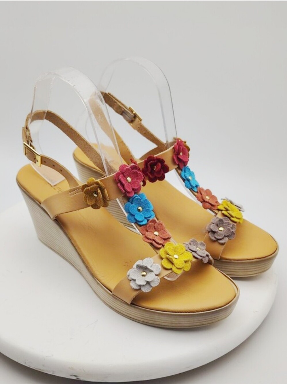 Sophia Milano Made In Italy Wedge Sandals with Floral Leather Accents Size 9.5